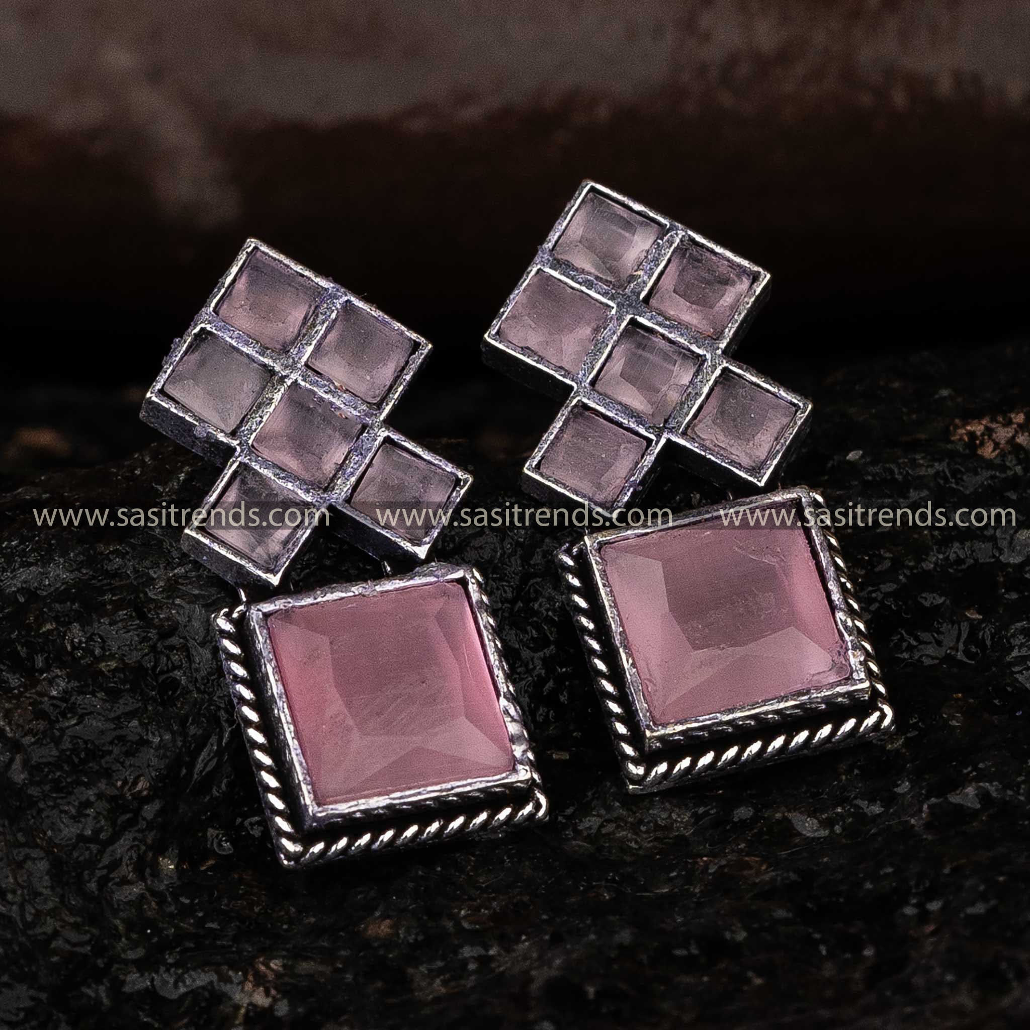 Pink Square Oxidised Earrings Navarathiri Special Elegance Sasitrends Online