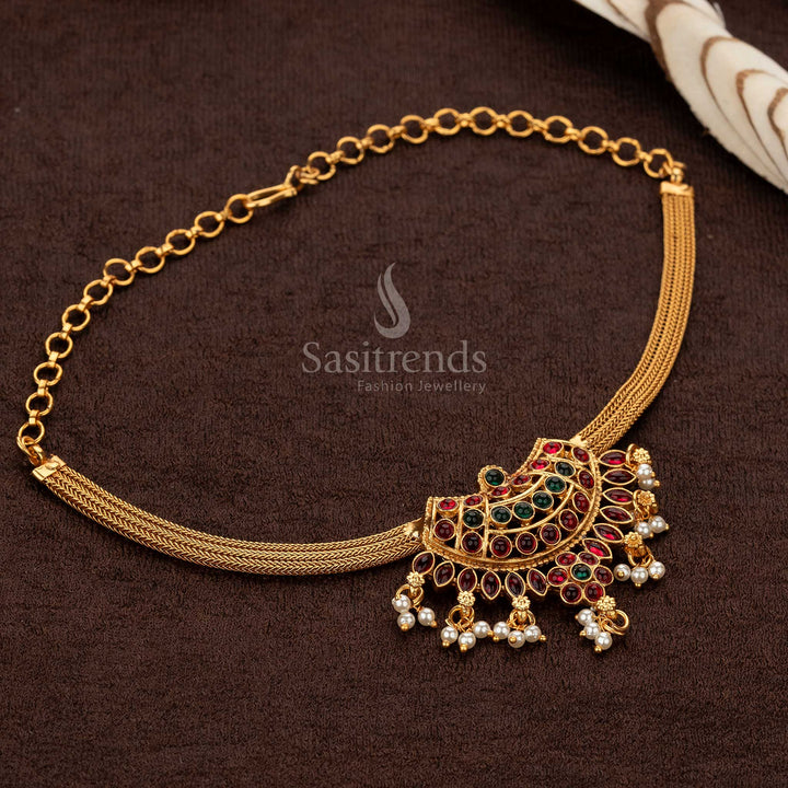 Traditional Ruby-Green Temple Necklace Set with Floral Motifs and Pearls - Sasitrends