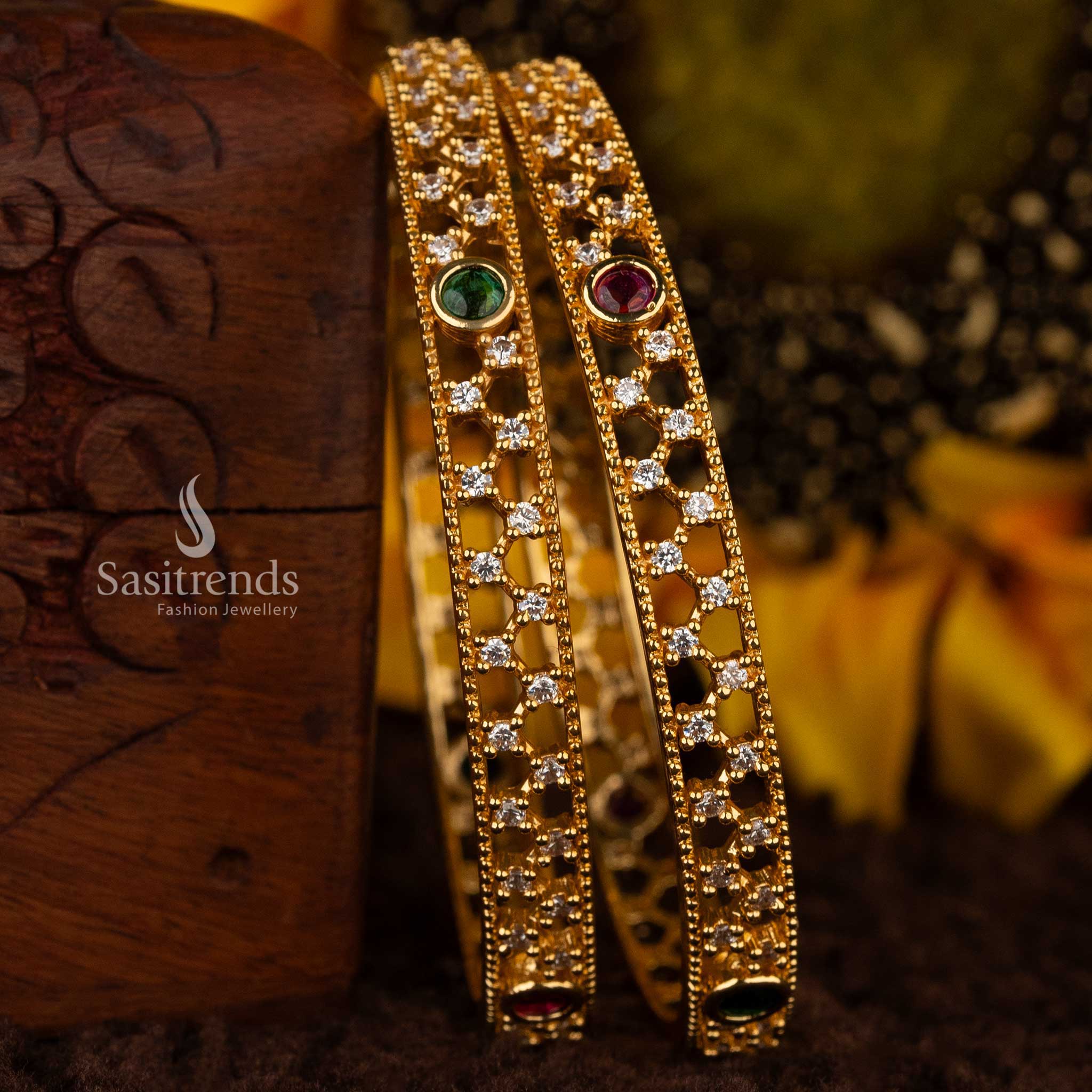 Premium micro gold plated American Diamond bangles with ruby and green stone accents for weddings - Sasitrends