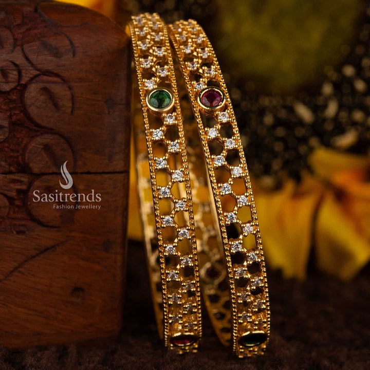 Guaranteed American Diamond Micro Gold Plated Bangles with Circular Ruby & Green Stone Accents - Sasitrends