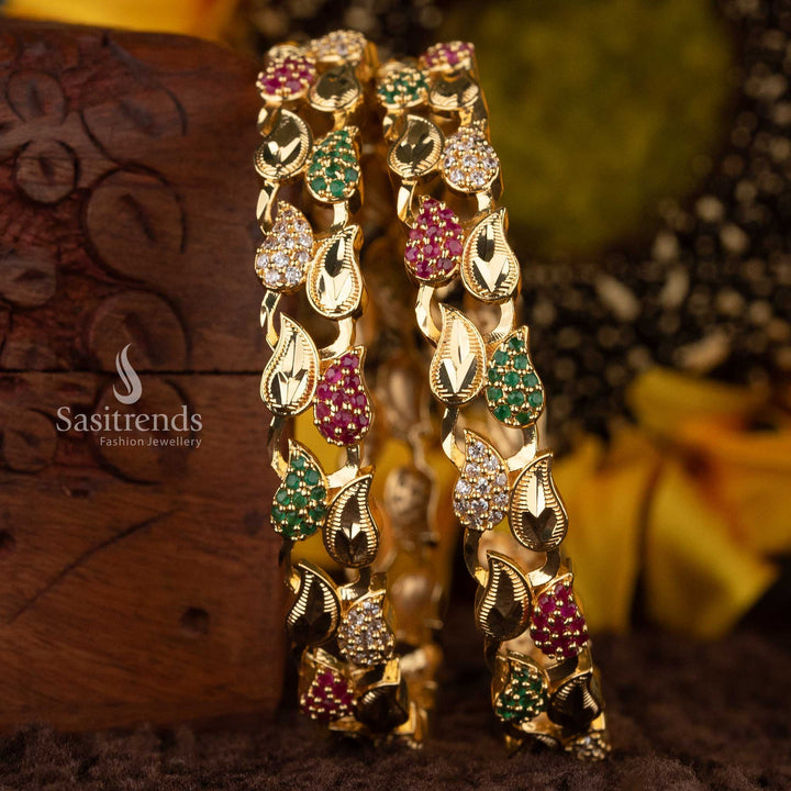 Traditional temple-style leaf design American Diamond bangle with micro gold plating - Sasitrends