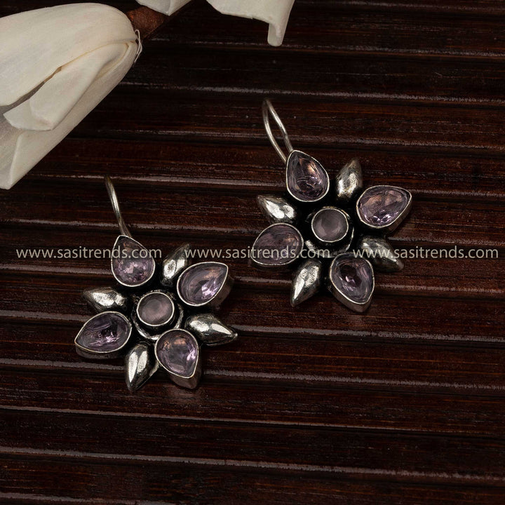 Purple Latest Oxidised AD Stone Stud Flower Designer Fish Hook Earrings Sasitrends Online Shopping