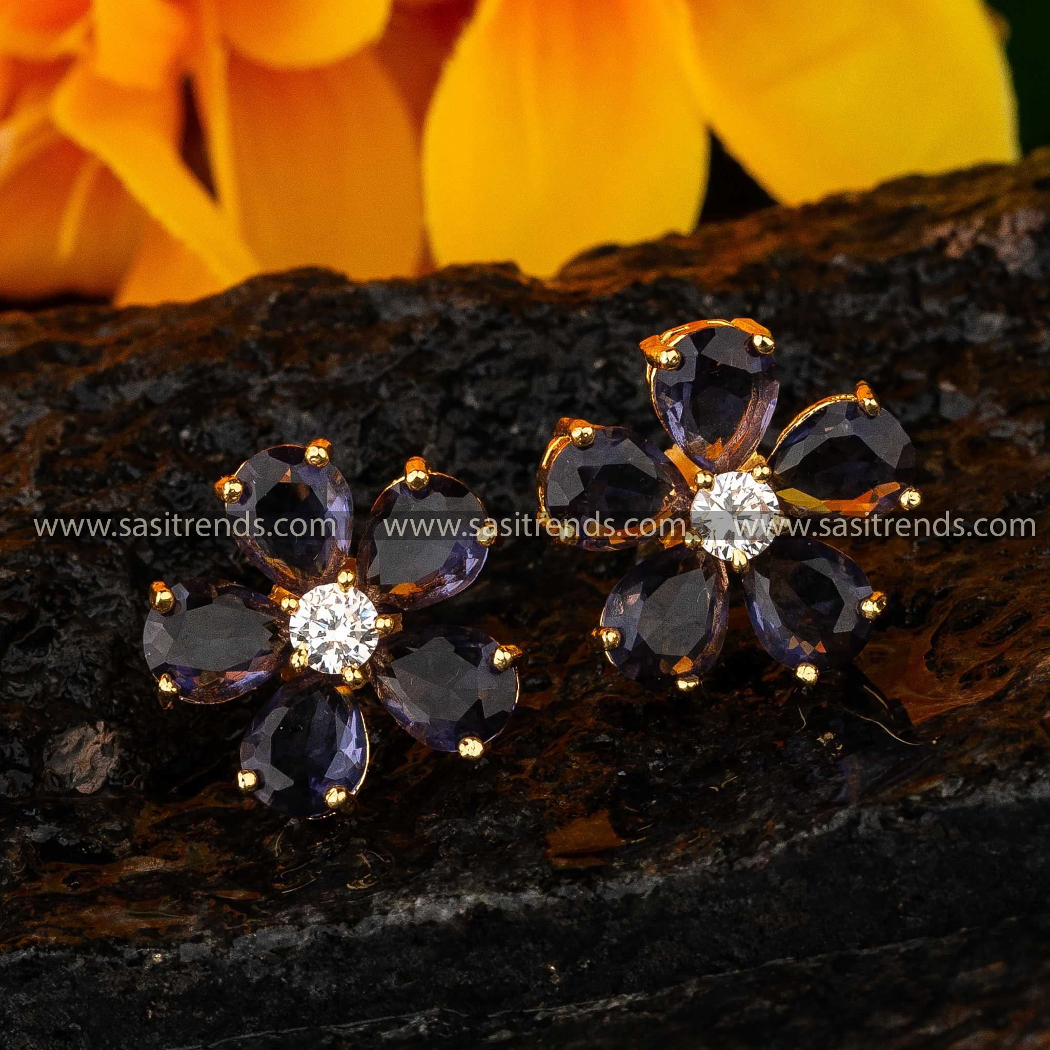 Royal Purple Gemstone Earrings with American Diamonds - Exquisite Floral