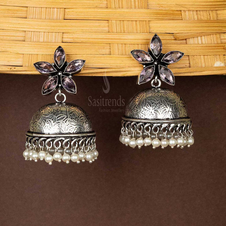 Purple-floral-top-jhumka-earrings-with-pearl-hanging