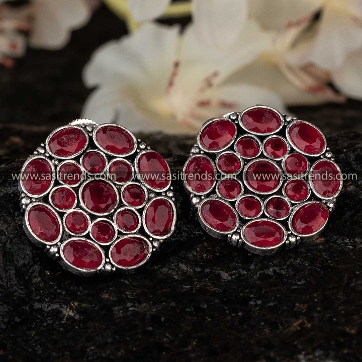 Radiant Ruby Stone Oxidised Earrings, Ideal for Navarathiri Celebrations