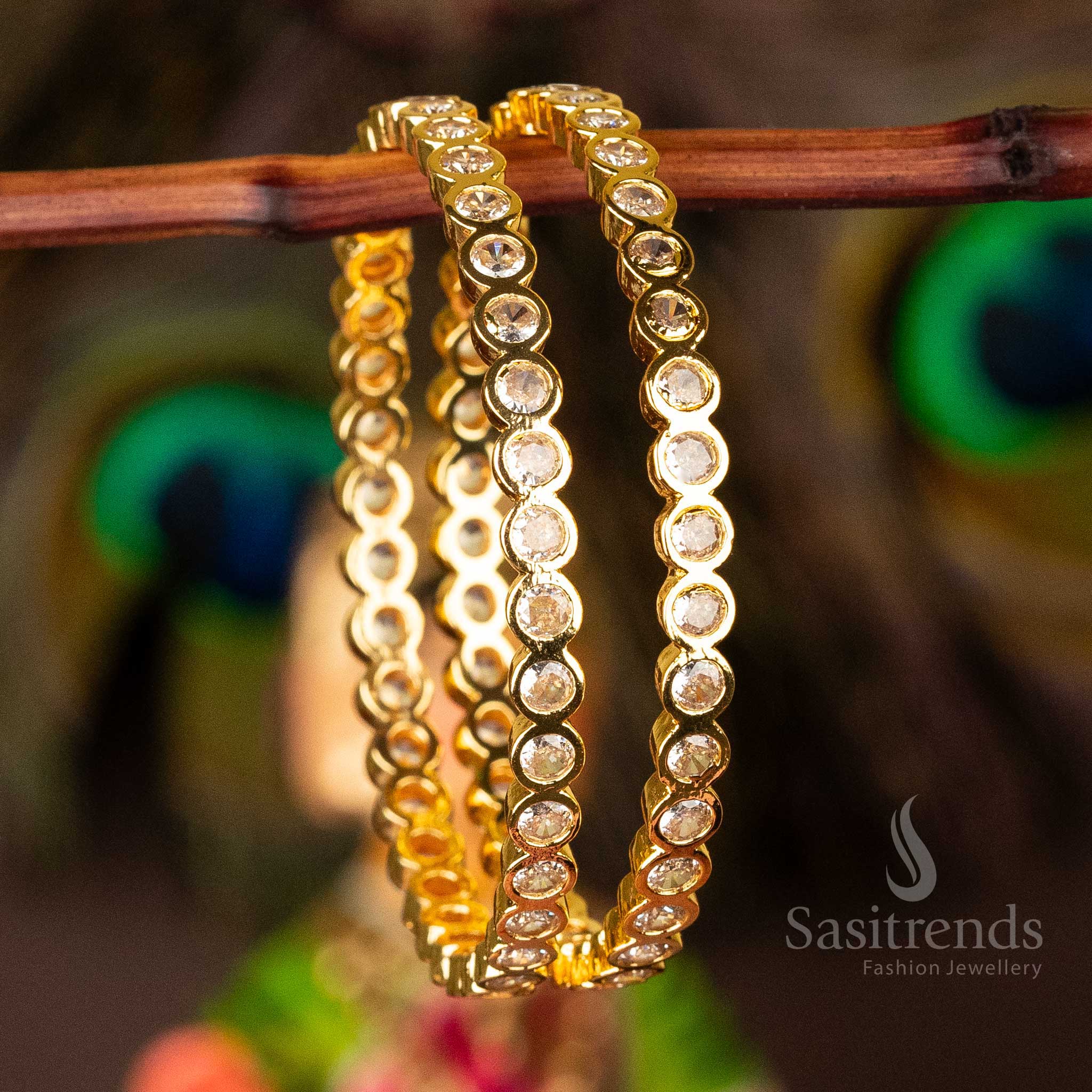 Dazzling New Traditional Micro Gold Plated Addigai Bangles with AD Stone, decorated with White Stones, blending elegance with divine ethnic charm - Sasitrends