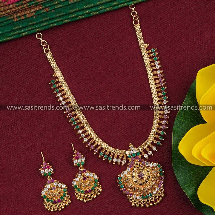 Ethnic Charm: Traditional Micro Gold Plated Tilak Pendant Necklace Jewellery Set with Sparkling Stone and Golden Balls - Sasitrends