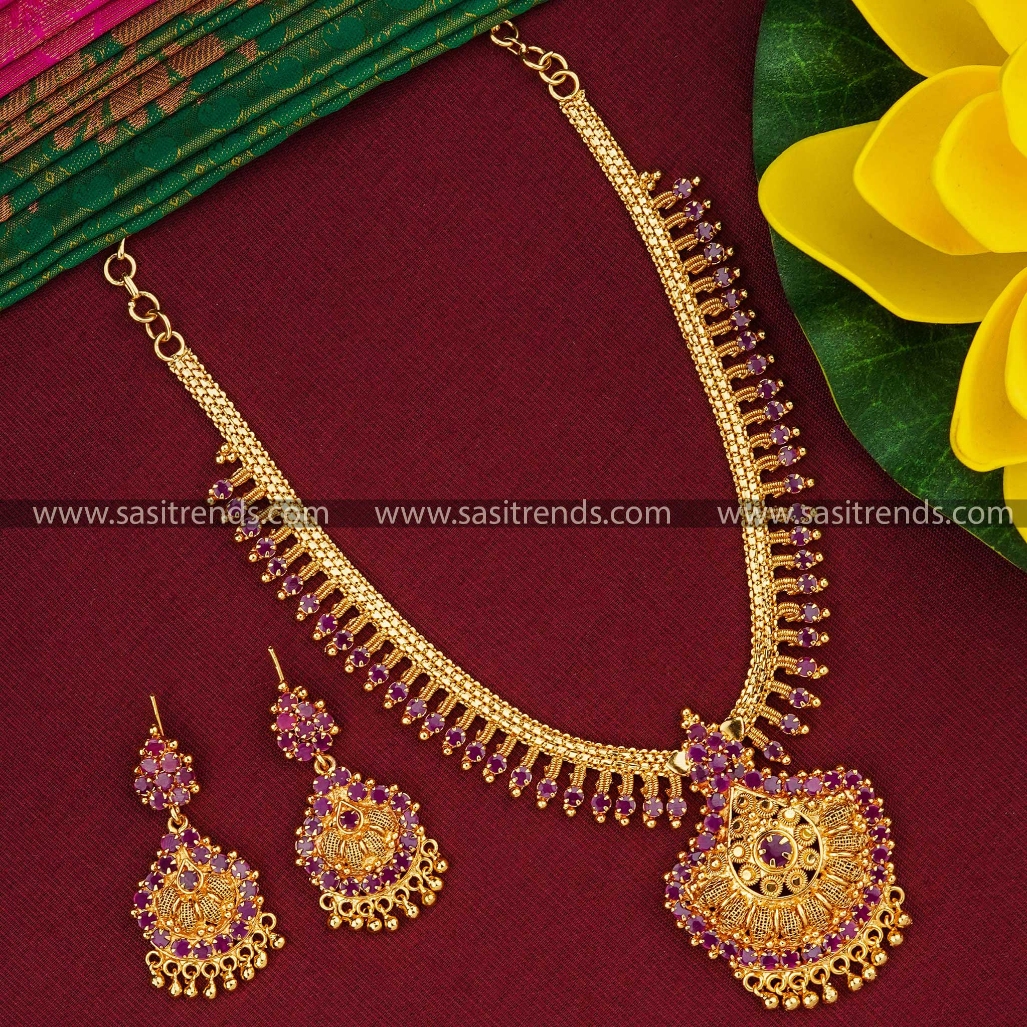 Ethnic Charm: Traditional Micro Gold Plated Tilak Pendant Necklace Jewellery Set with Sparkling Stone and Golden Balls - Sasitrends