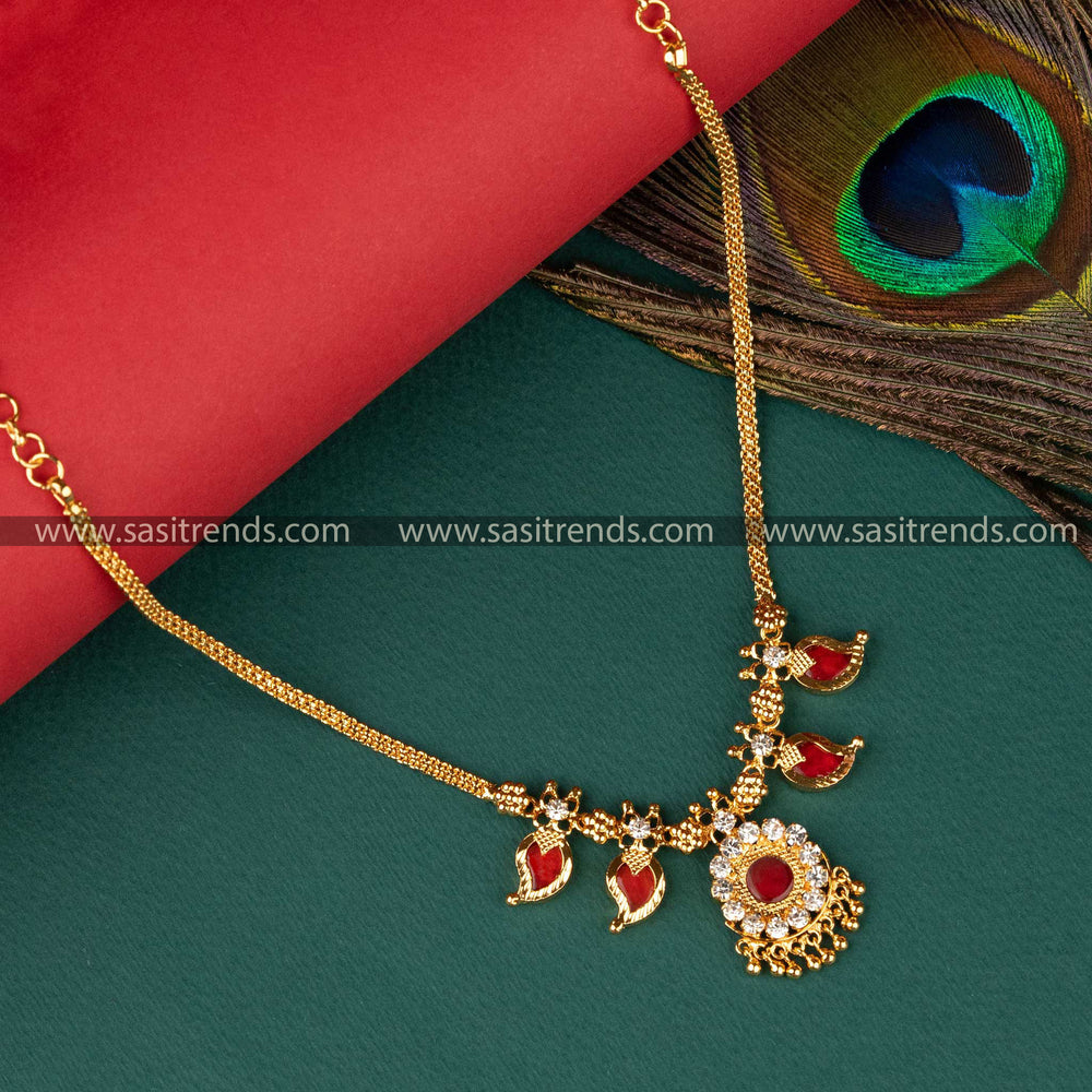 2 Petal Traditional Red Palakka Mango Design Necklace with White Stones