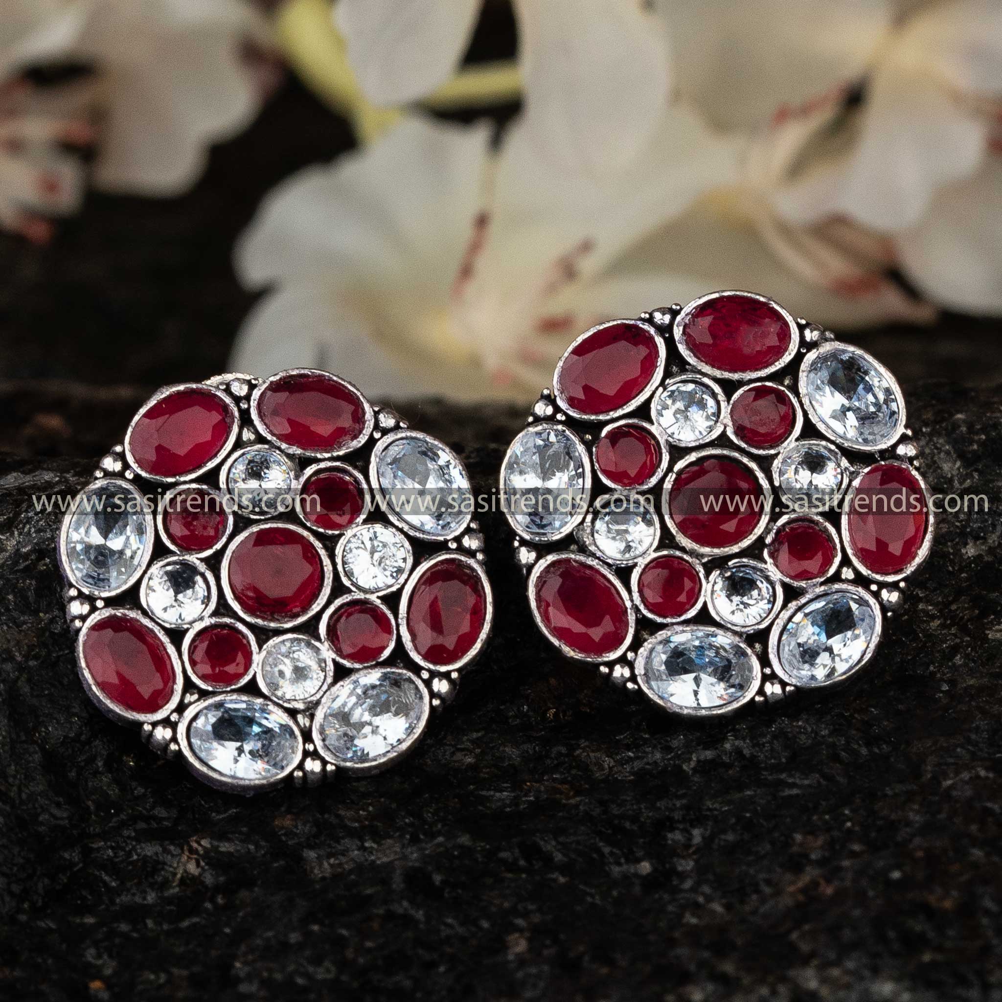 Red and White Gemstone Oxidised Earrings Vibrant Festive Style Sasitrends Online Shopping