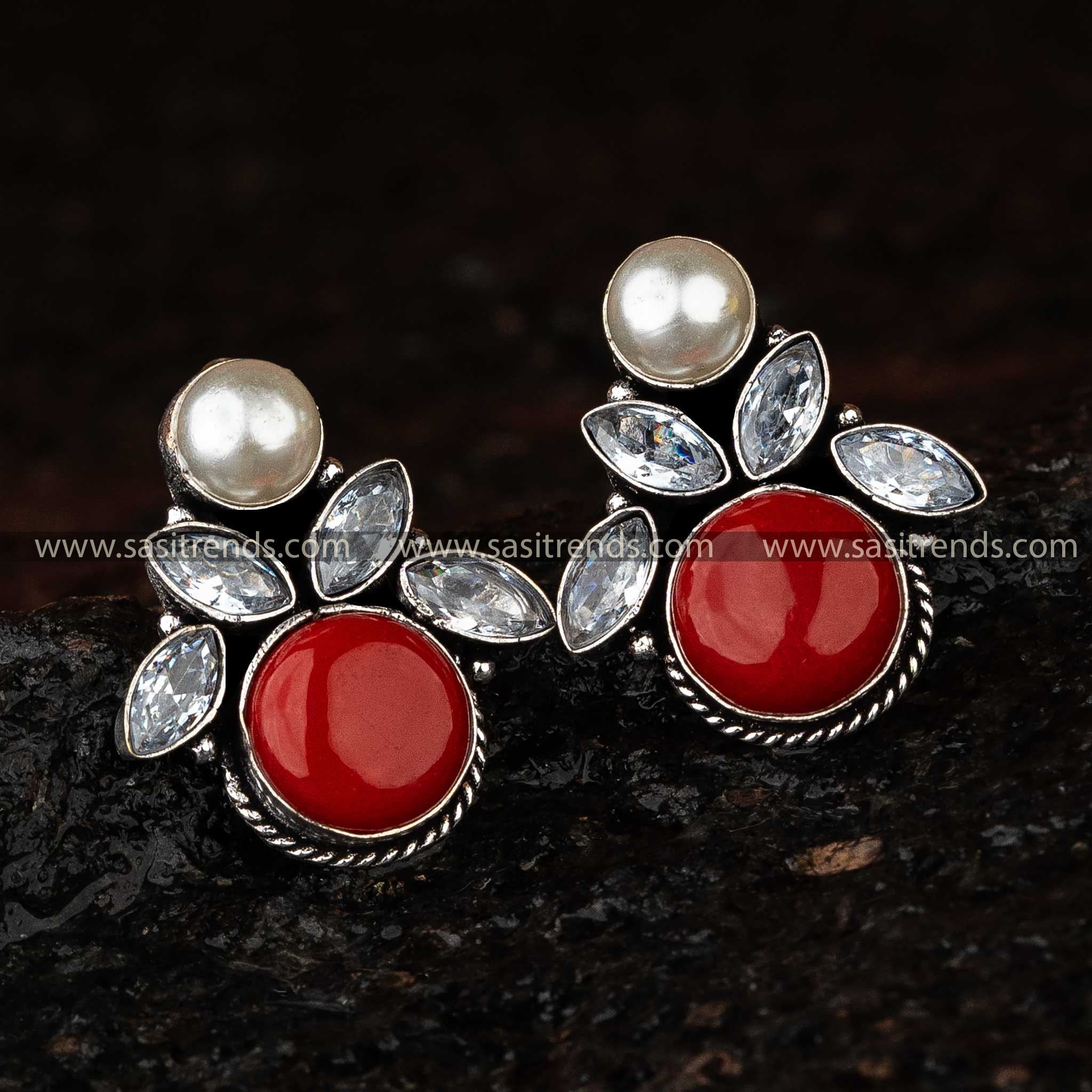 Red Monalisa Stone Oxidised Earrings, Elegant Jewellery for Navarathiri