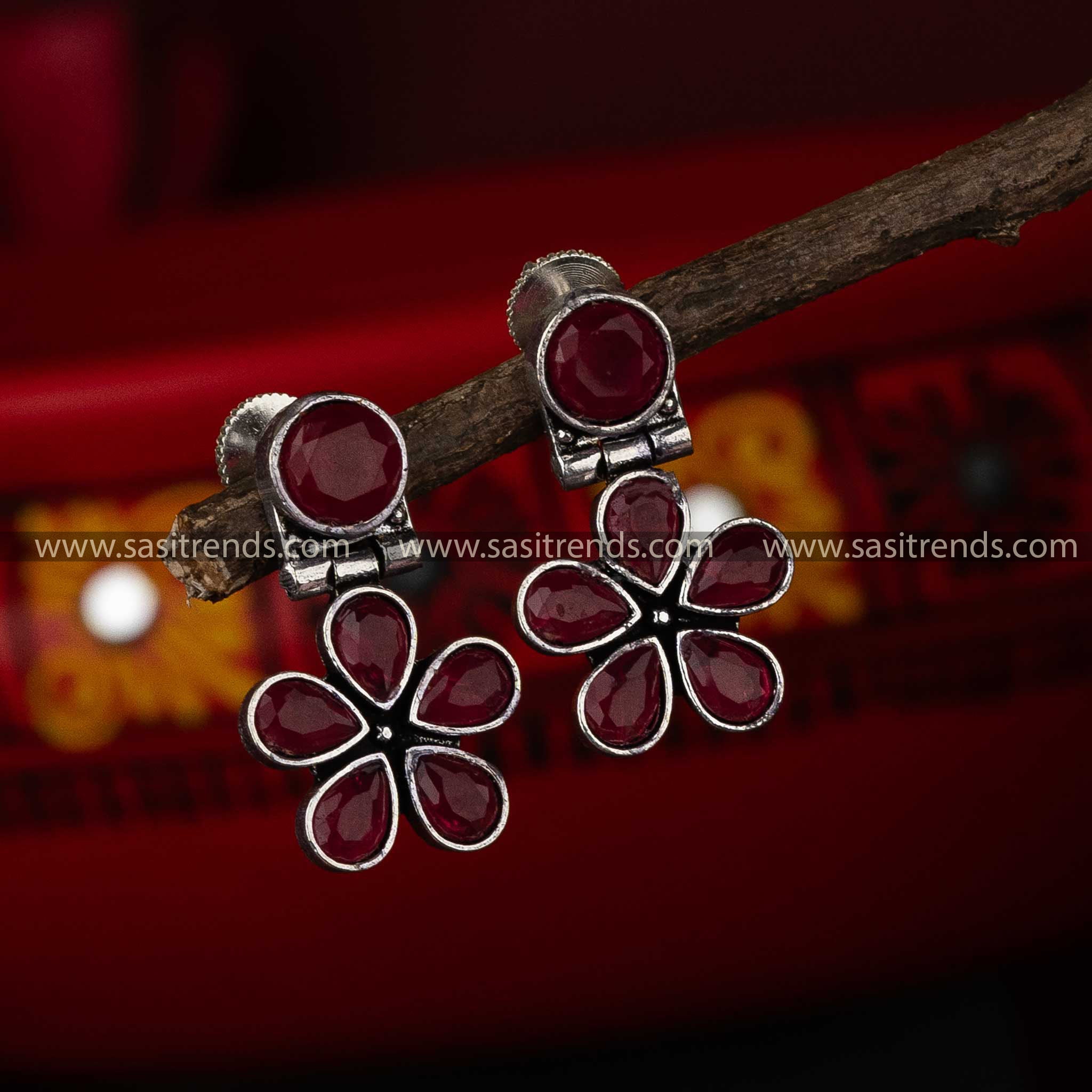 Red Stone Oxidised Earrings Navarathiri Special Elegance Sasitrends Online