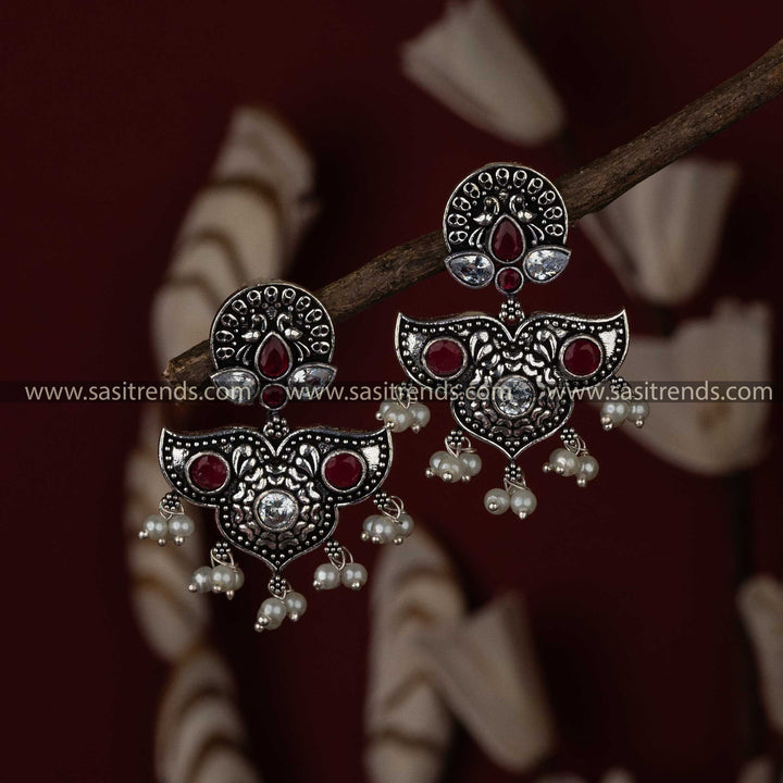 Ruby White Stone Stud Latest Oxidised Pearl Navarathiri Elegance Sasitrends Online Shopping