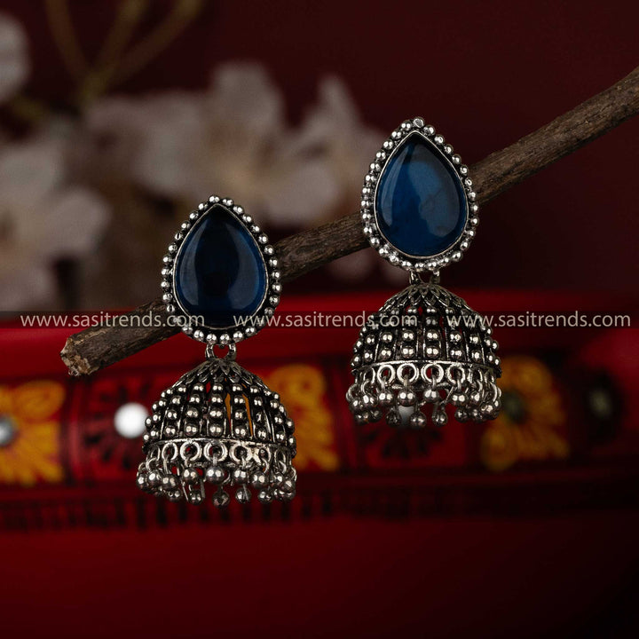 Royal Blue Monalisa Stone Oxidised Jhumka Earrings for Festive Seasons