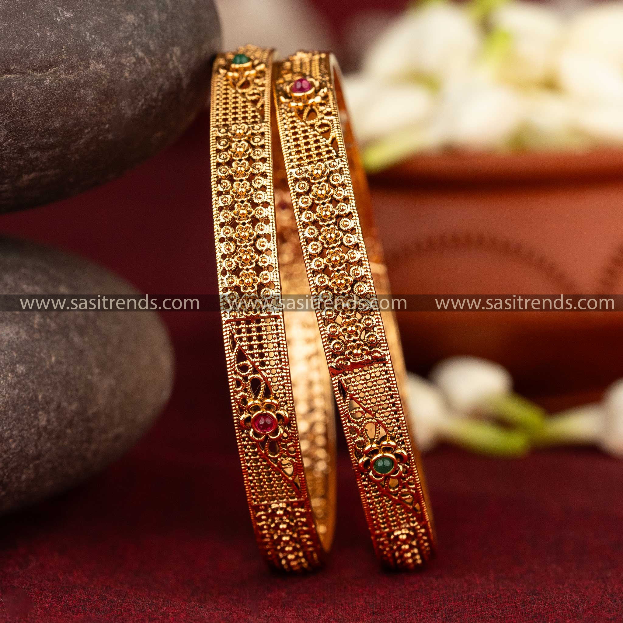 Sasitrends | Traditional Micro Gold-Plated Bangles with American Diamond & Flowers - Sasitrends