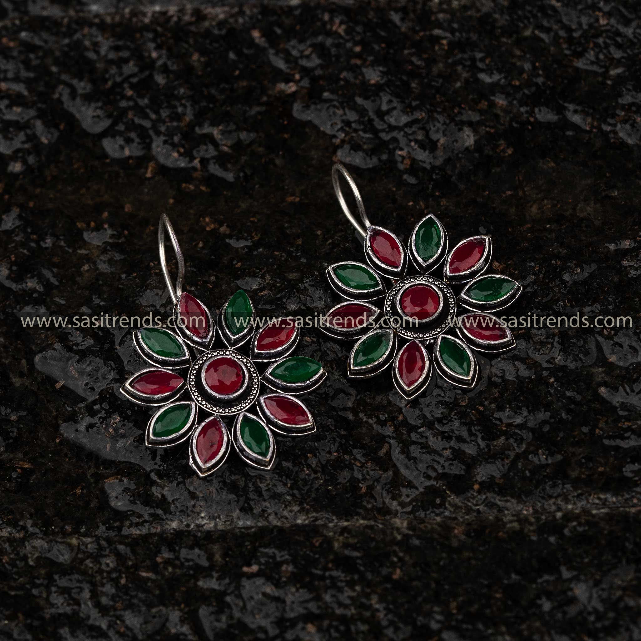 Ruby Green Floral Designer Oxidised Fish Hook Earrings Sasitrends Online Shopping