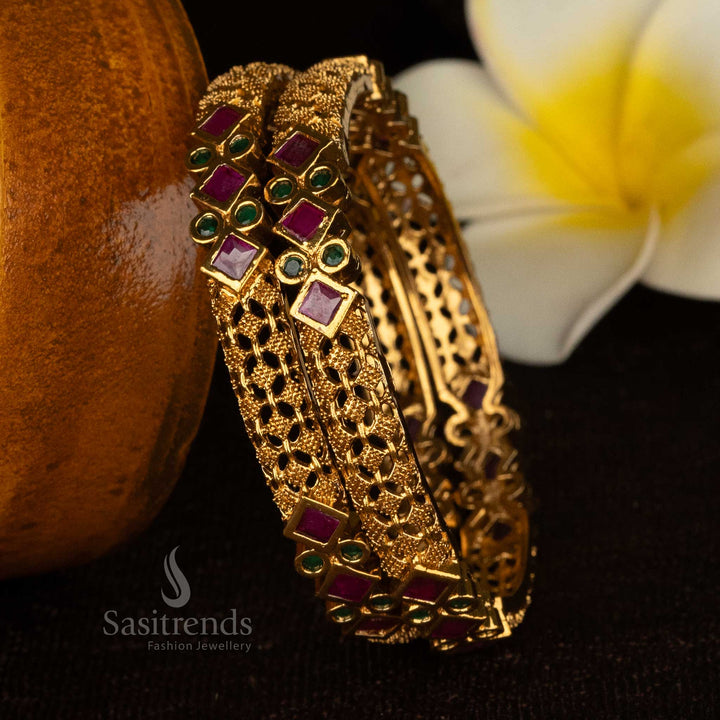 Sasitrends - Intricate Design Premium Temple Matte Gold Plated Bangles With Stones For Women