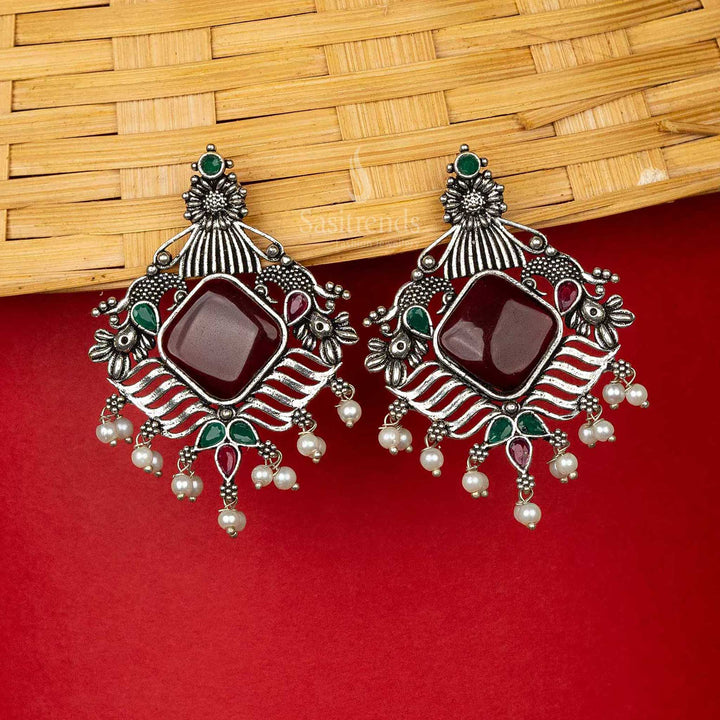 Ruby Green Oxidised Earrings With Intricate Design Sasitrends Online Shopping