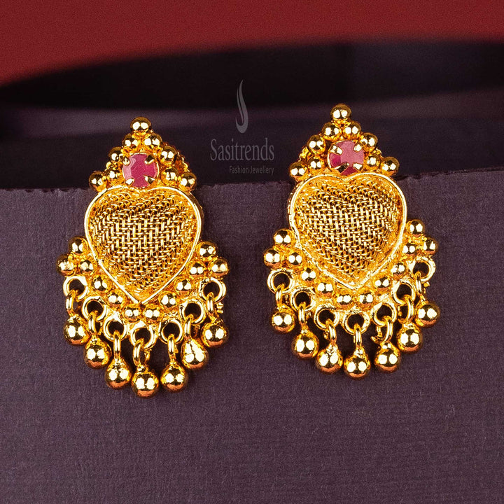 Stunning Ruby Heart Mesh Earrings with Guaranteed Micro Gold Plating and a Shimmering AD Stone