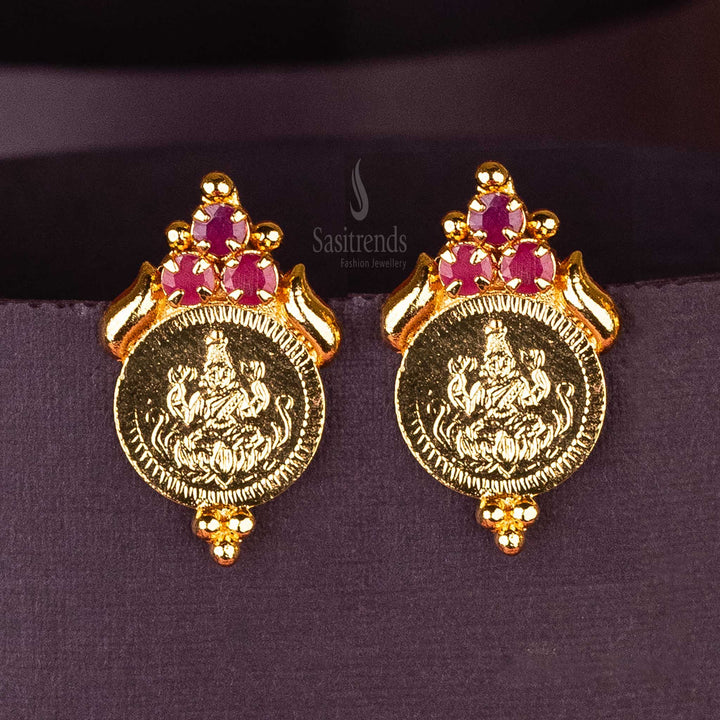 Sasitrends - Elegant Lakshmi Coin Micro Gold Plated Kerala Earrings with Three AD Stones