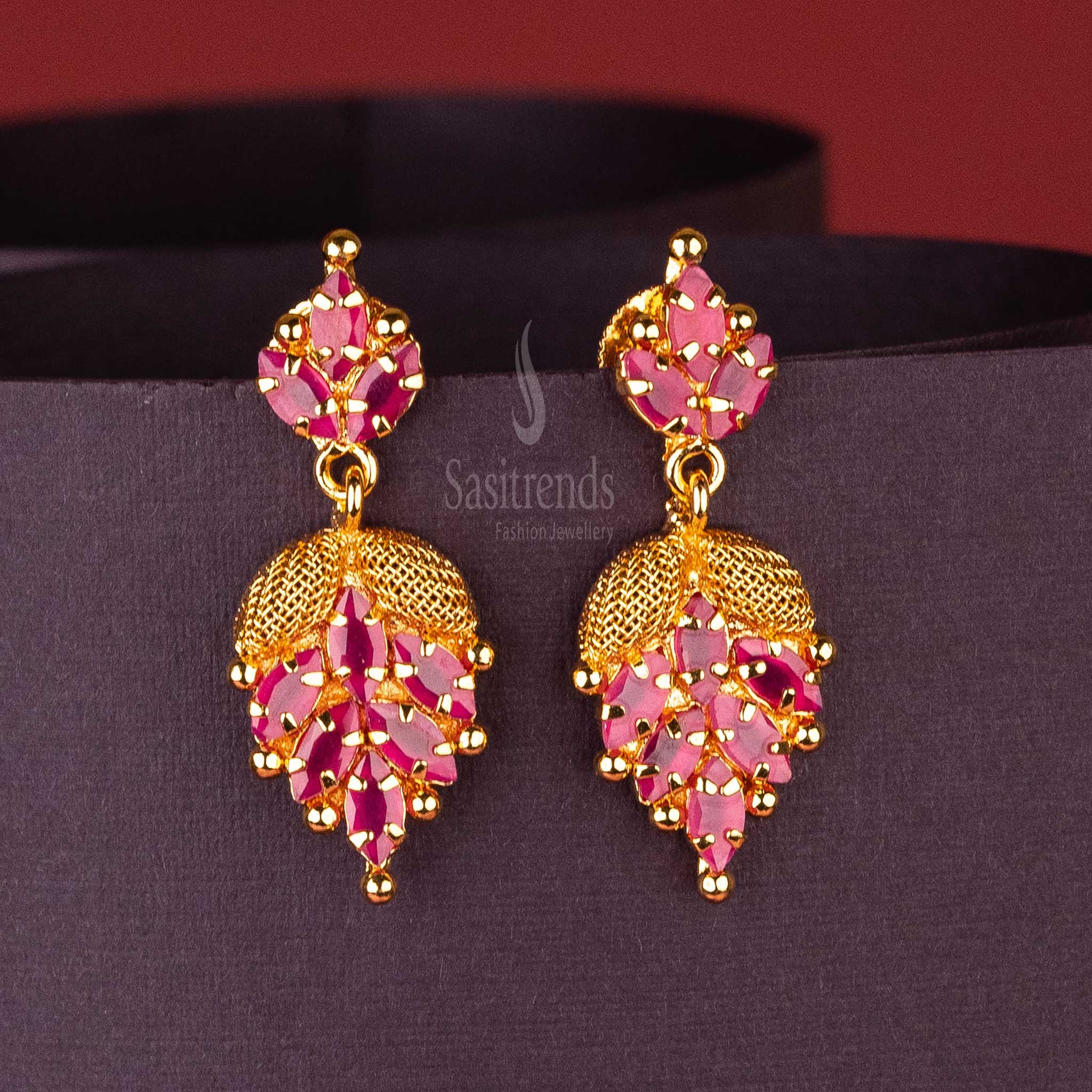 Traditional Micro Gold Plated Leaf Pattern Ruby AD Stone Earrings Sasitrends