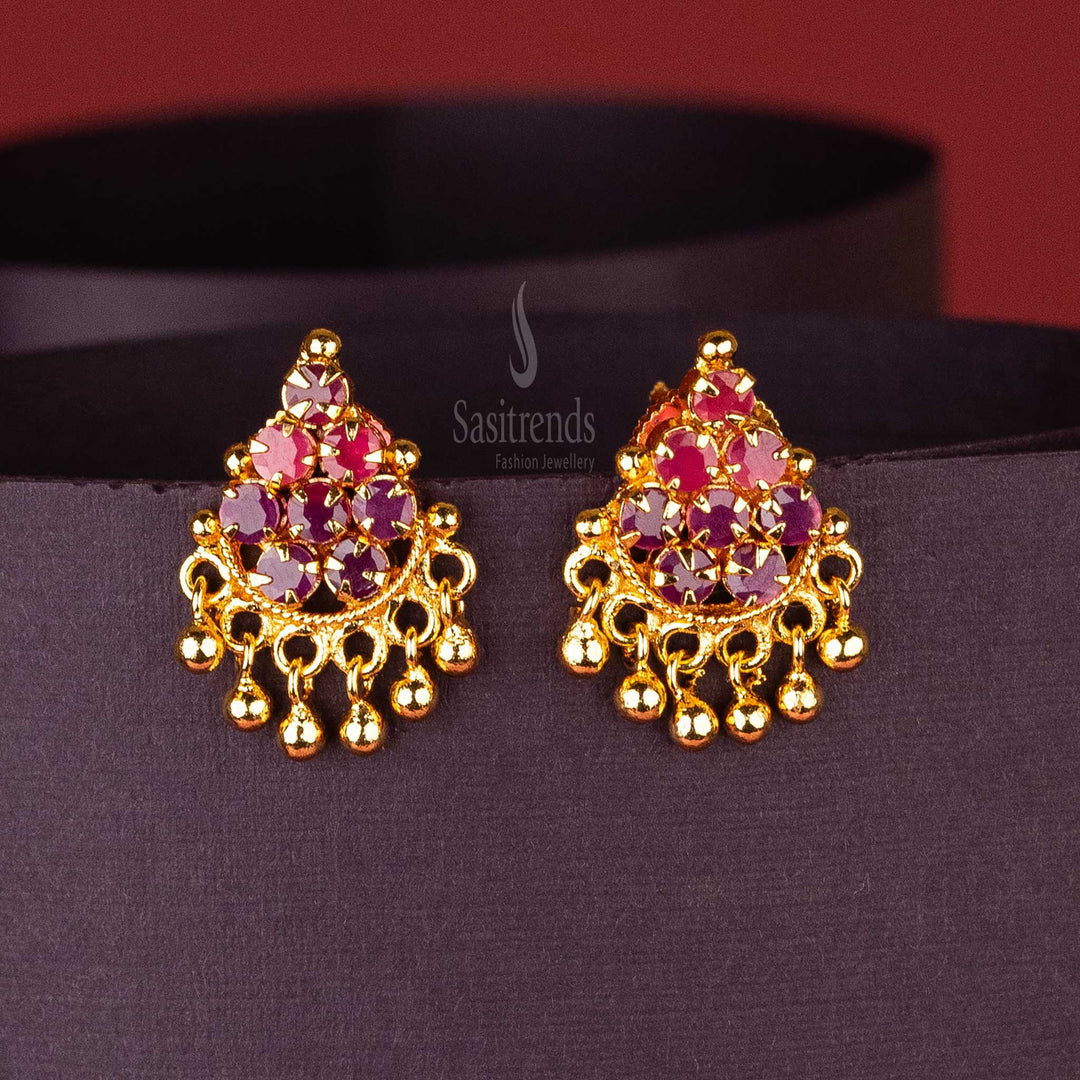 Ruby Round Floral AD Stone Stud Tops Earrings with Golden Balls, Gold Plated