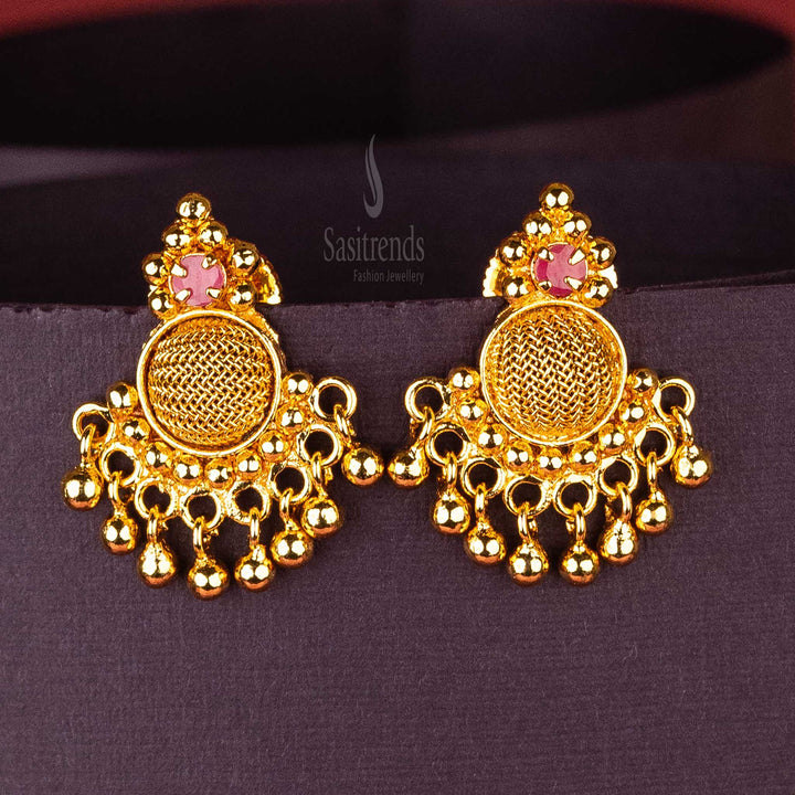 Ruby Round Mesh Micro Gold-Plated Earrings with AD Stone and Golden Balls – Elegant Traditional Jewellery