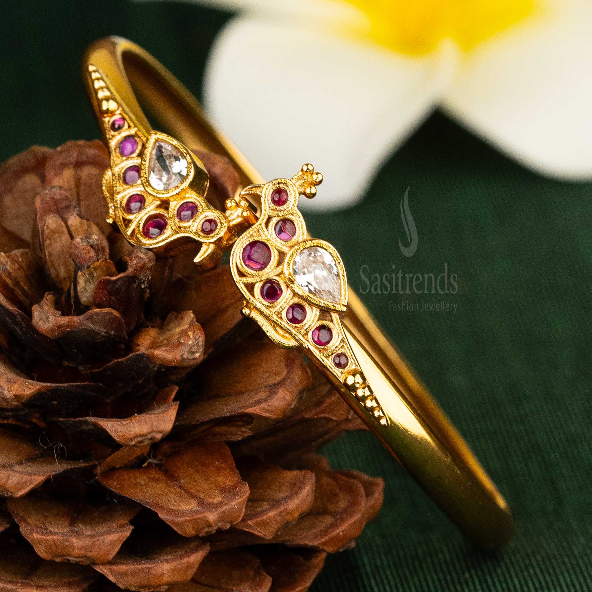 Sasitrends | Matte Gold Plated Temple Peacock Semi-Openable Kada Bracelet Bangle - Sasitrends