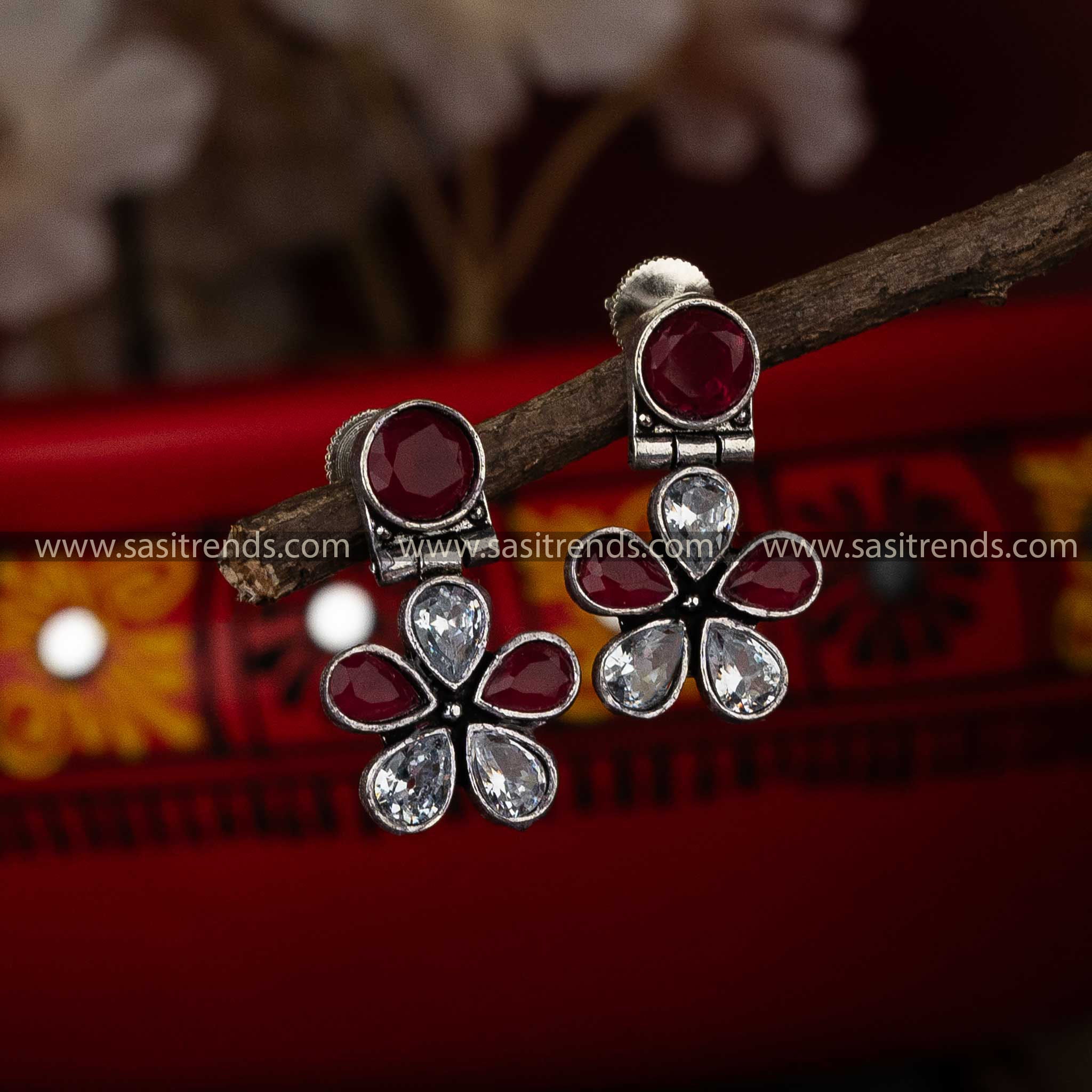 Ruby White Flower Designer Oxidised Earrings Celebrates With Style Elegance