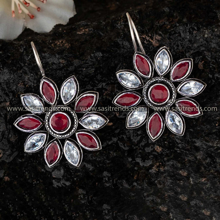 Ruby White Stone Stud Floral Oxidised Earrings Sasitrends Online Shopping