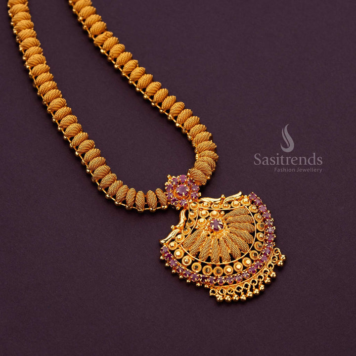 Traditional Micro Gold Plated Long Haram Necklace with Majestic Fan Pendant AD Stones - Sasitrends