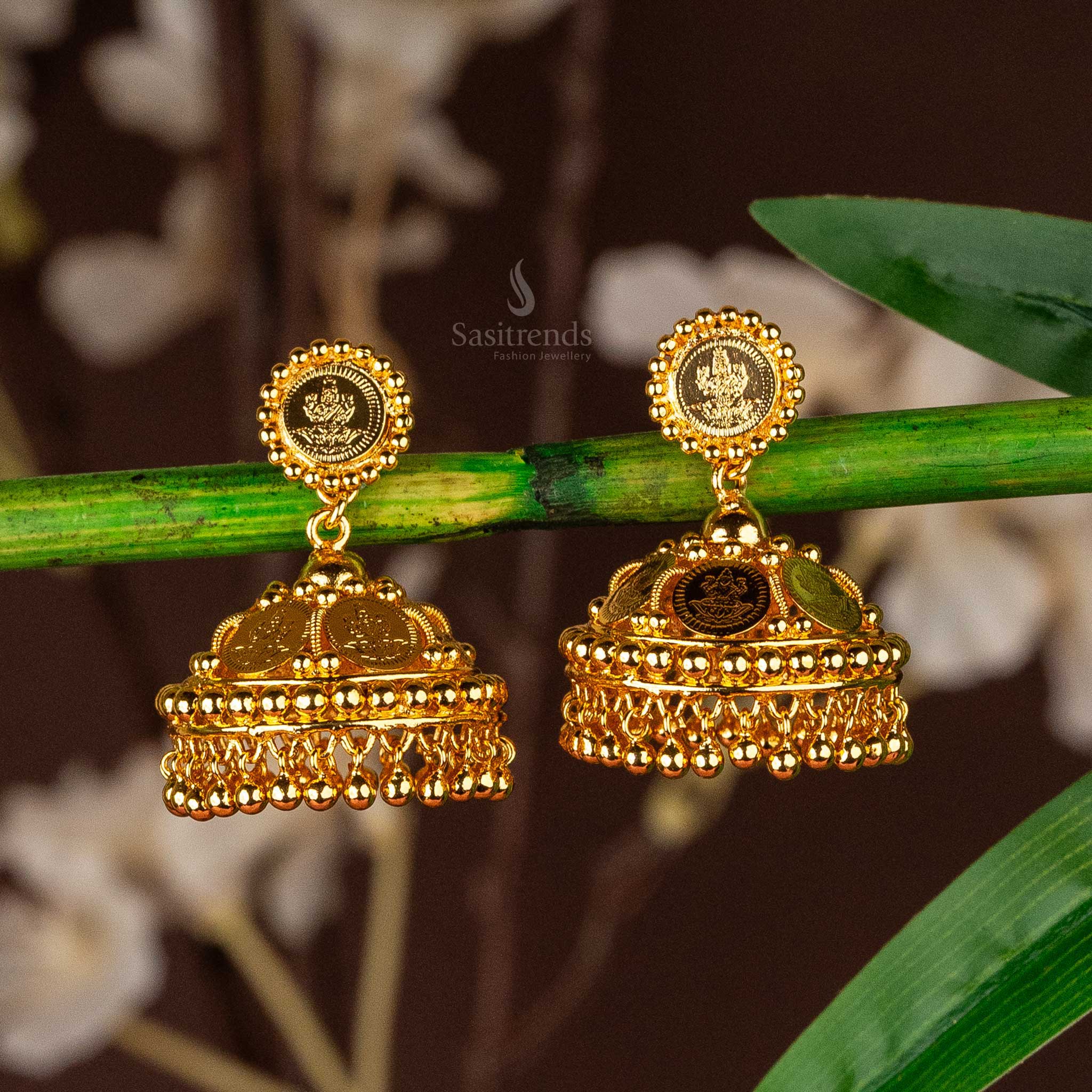 Elegant Kerala Style Lakshmi Kasu Jhumka Earrings - Micro Gold Plated by - Sasitrends