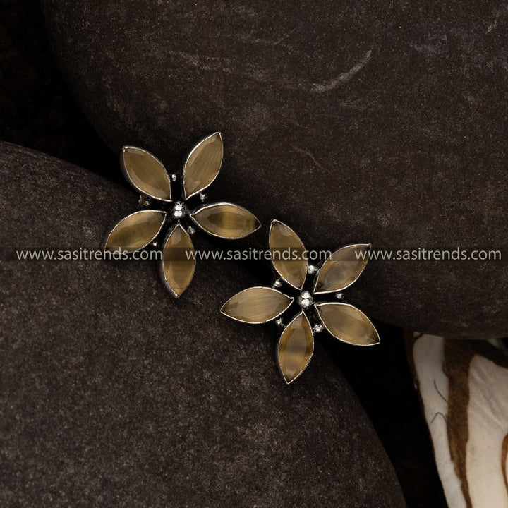 Sasitrends Oxidised Yellow Stone Stud Flower Designer Earrings 