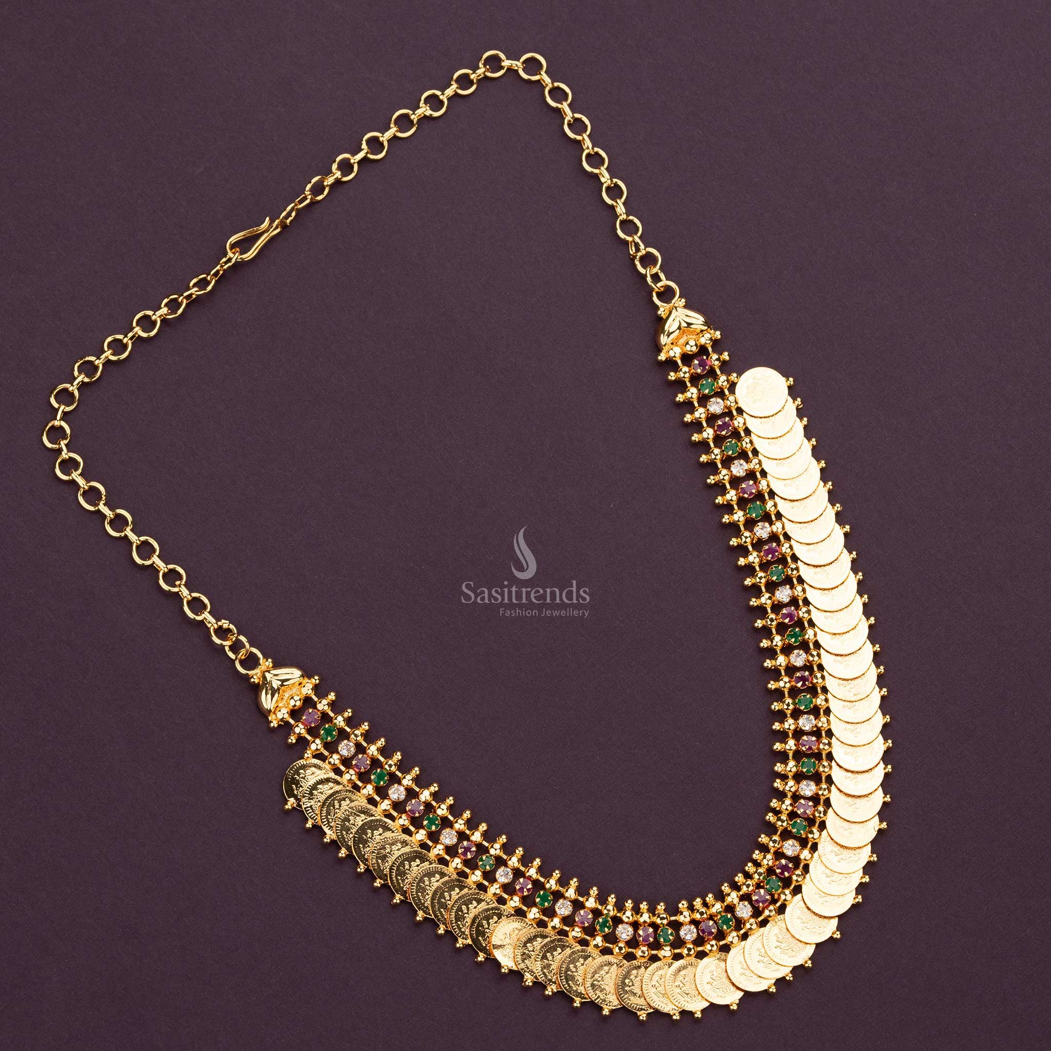 Sasitrends - Traditional Micro Gold Plated Lakshmi Kasu Coin Necklace with AD Stones Stud - Sasitrends