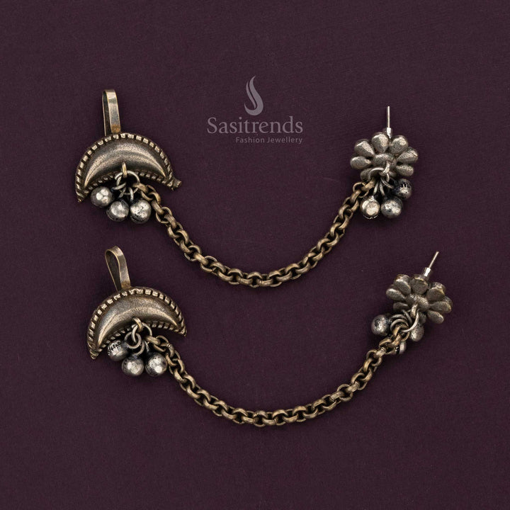 Silver replica oxidised earcuff earrings with dangling beads - Sasitrends