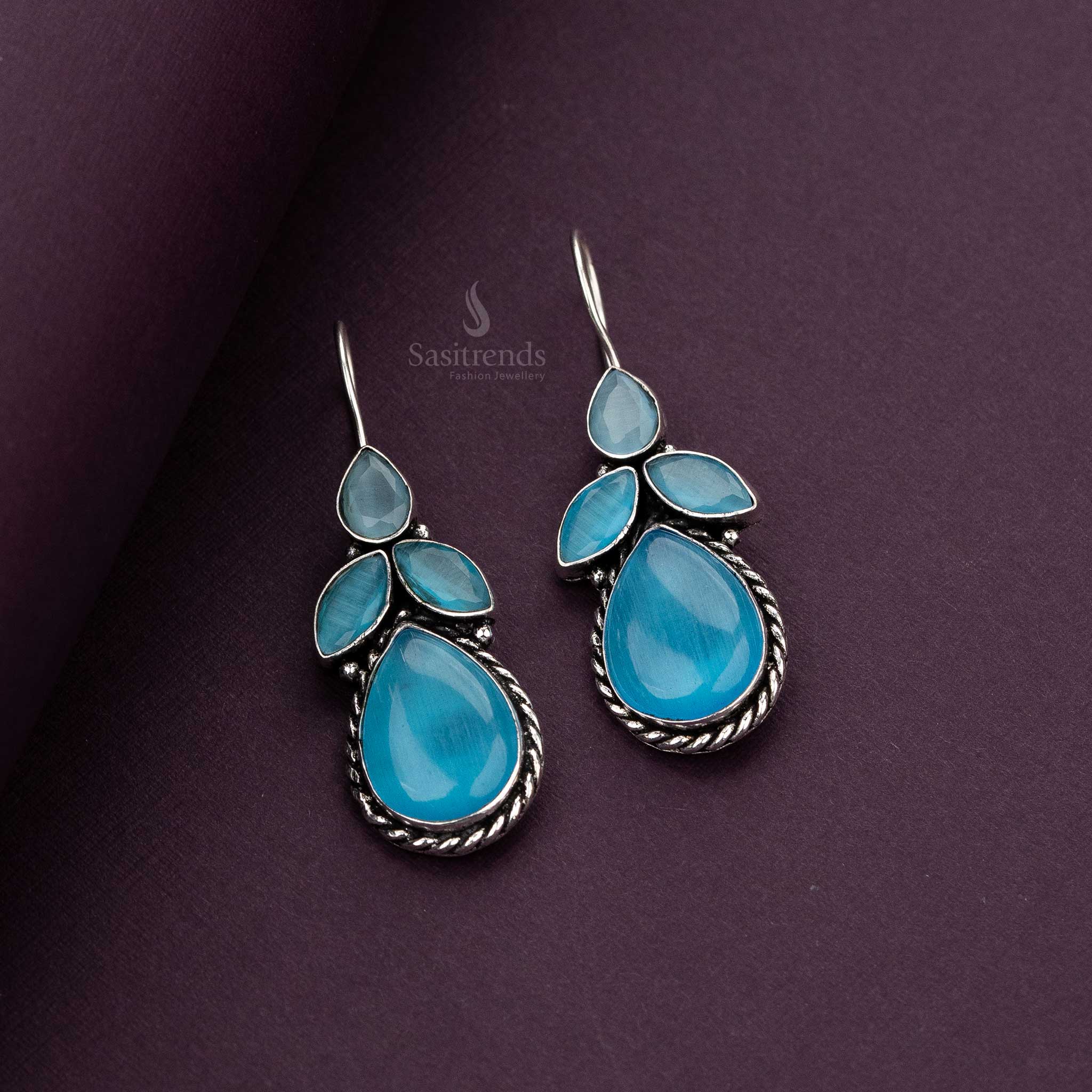 Bright Blue Teardrop Oxidised Silver Earrings with Marquise Stones