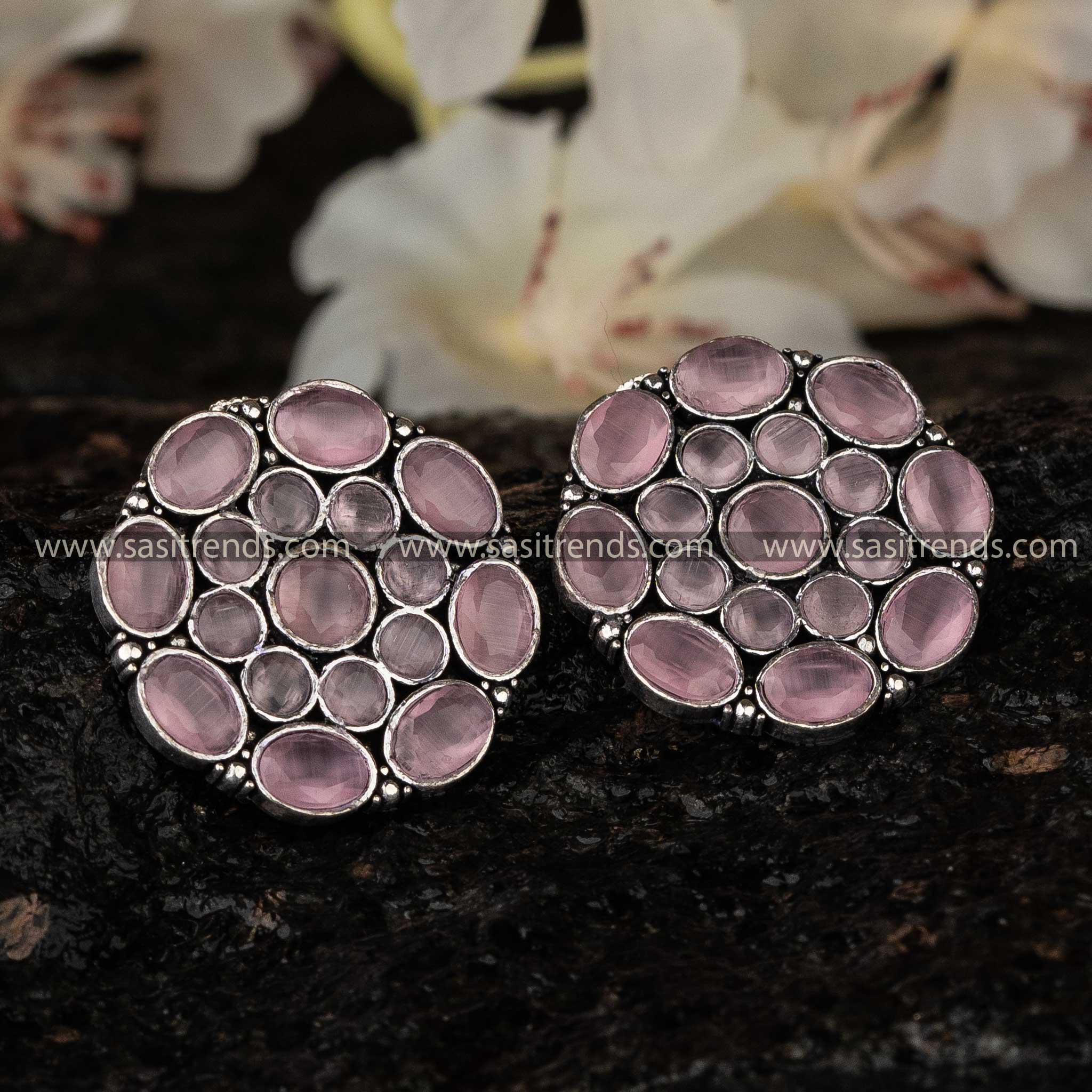 Soft Pink Gemstone Oxidised Earrings for Elegant Occasions