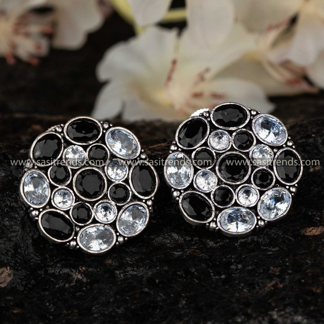 Sparkling Black and White Stone Oxidised Earrings, Luxurious Fashion Piece