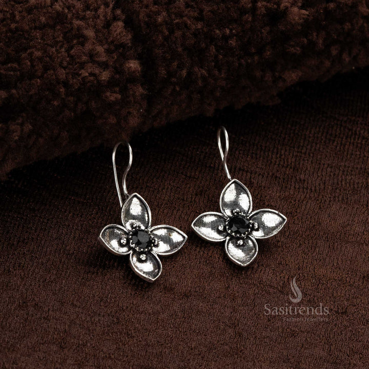 Casual Wear Oxidised German Silver AD Stone Floral Hook Earrings in Black - Trendy Collections for Women's Fashion - Sasitrends