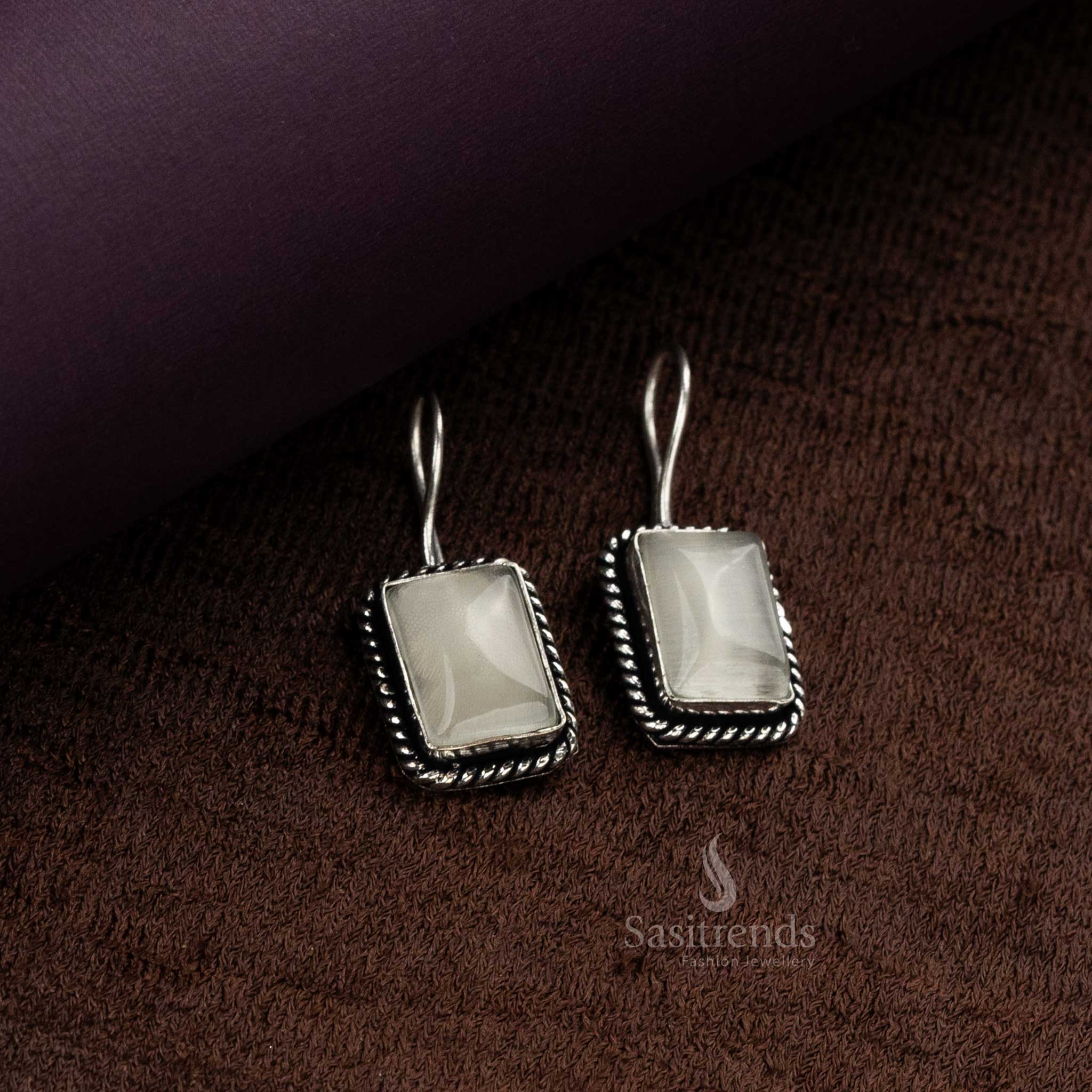 White Monalisa Stone Oxidized German Silver Fish Hook Earrings - Women's Latest Collection for Stylish Office Wear