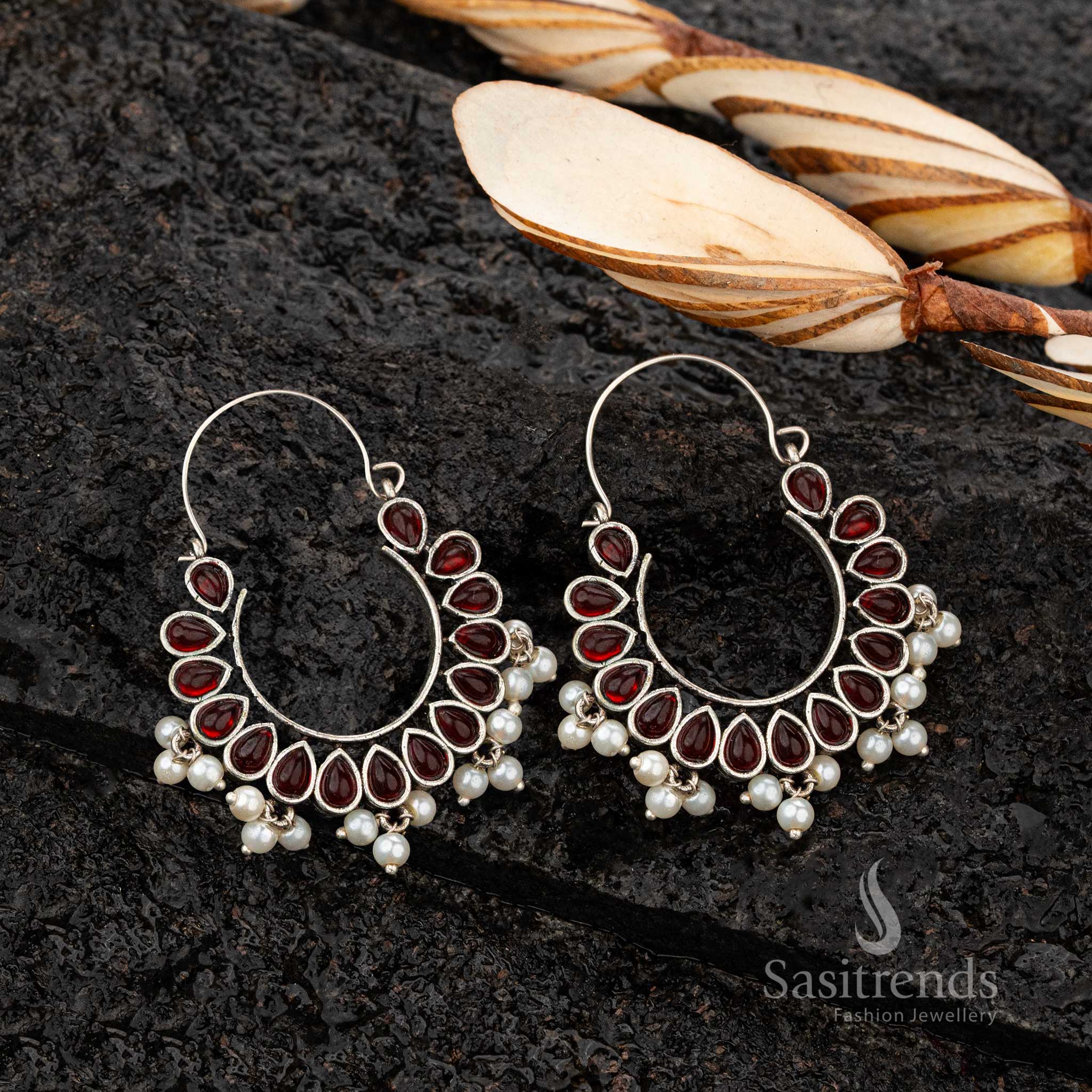 Maroon pear stone oxidised hoop earrings with dangling pearls - Sasitrends 