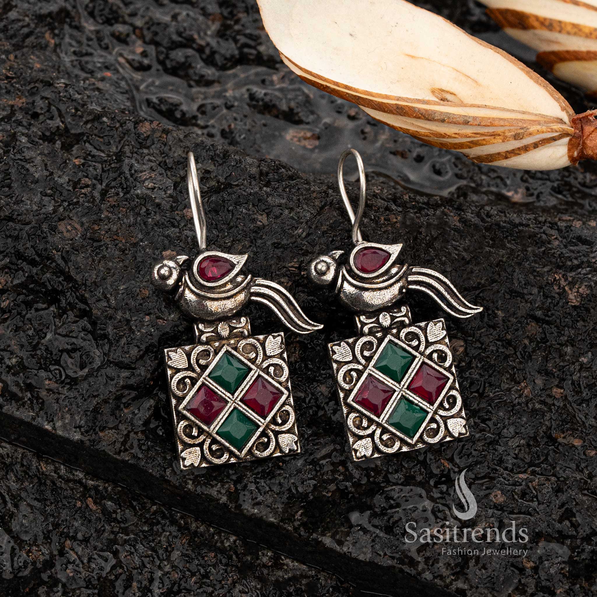 Oxidised silver earrings with Ruby and green square stones and parrot motif  - Sasitrends