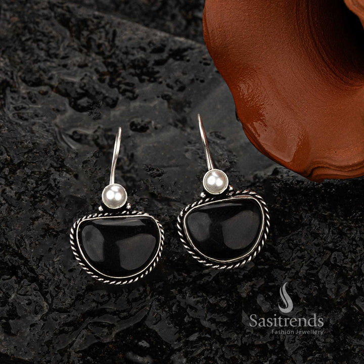 Bold black stone earrings with oxidised silver and pearl accent - Sasitrends