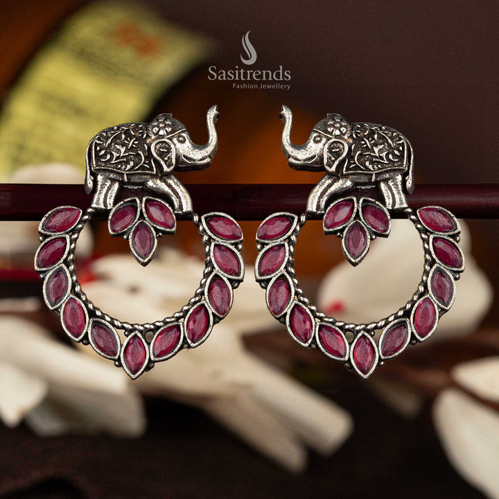 Ruby marquise stone oxidised silver earrings with elephant motif - Sasitrends