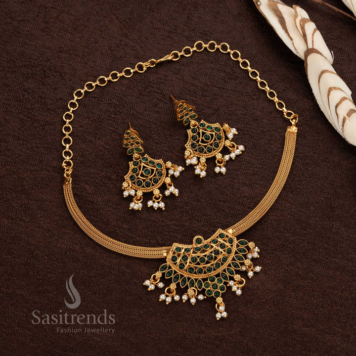 Green Temple Jewellery Set with Pearl Dangling Earrings - Sasitrends