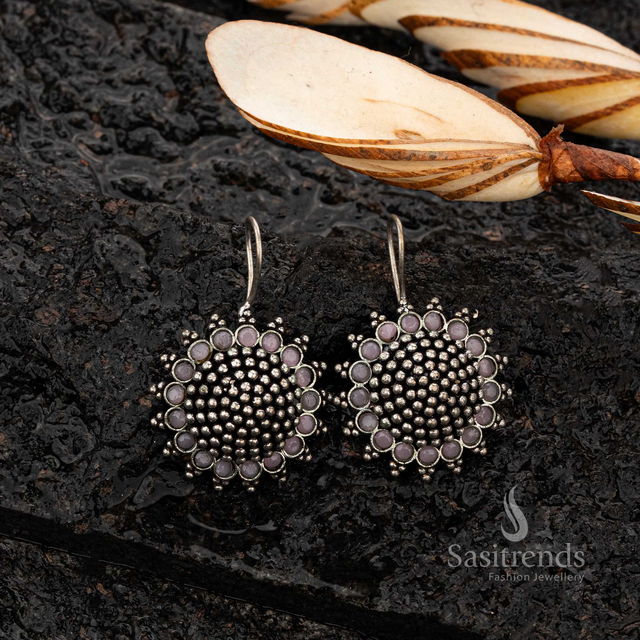 Ethnic oxidised silver earrings with Pink stones - Sasitrends