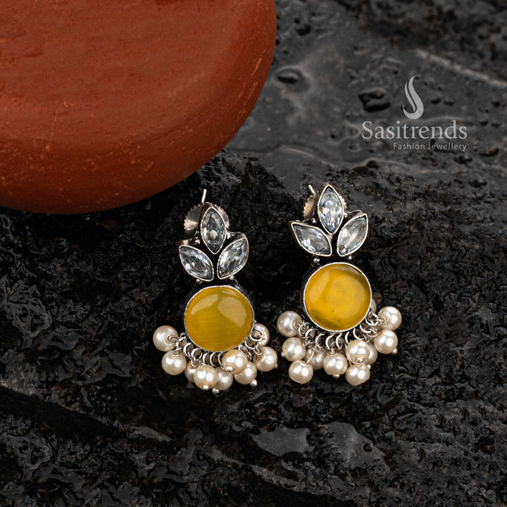 Yellow stone oxidised earrings with leaf accents and pearl clusters - Sasitrends