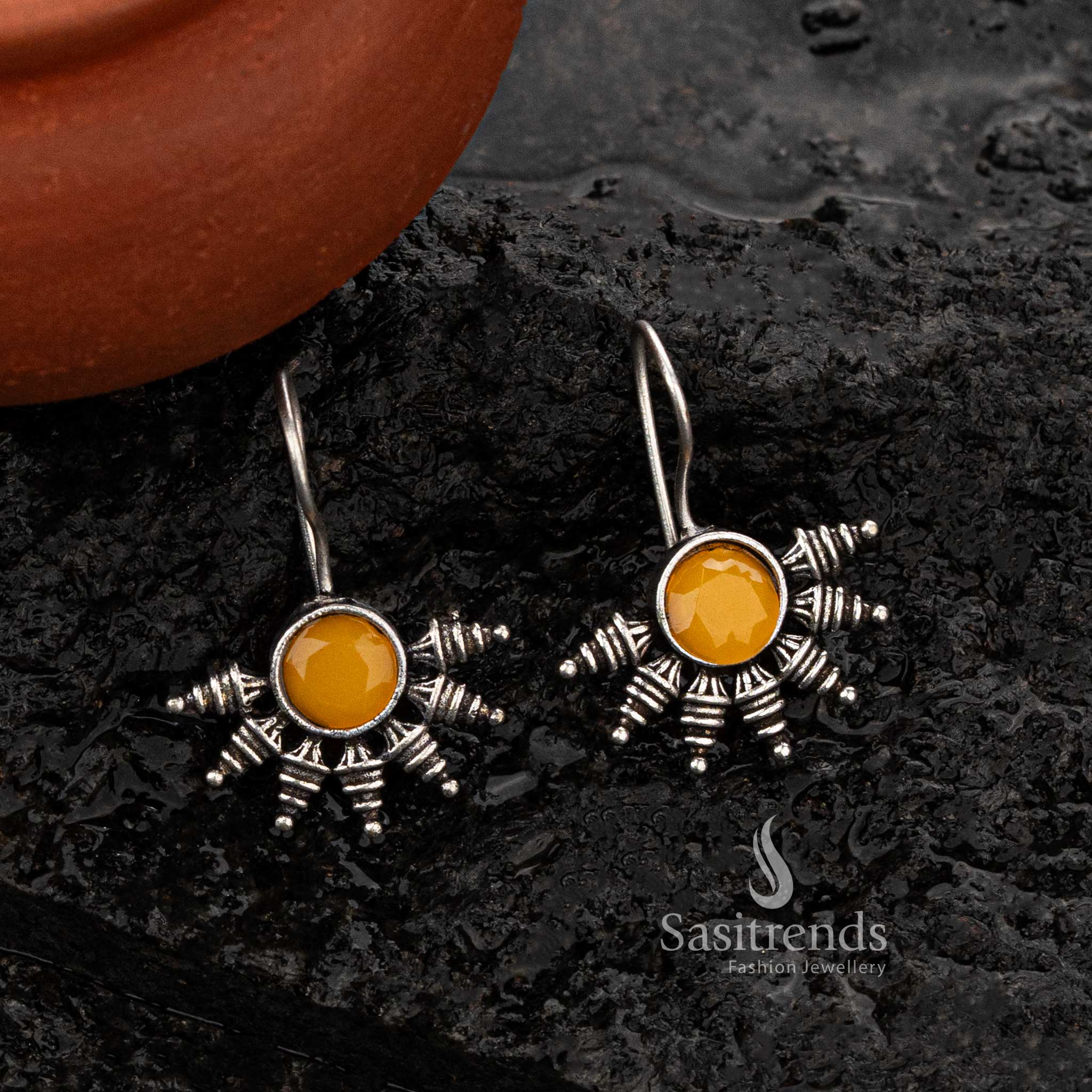 Yellow stone oxidised earrings featuring a round setting - Sasitrends