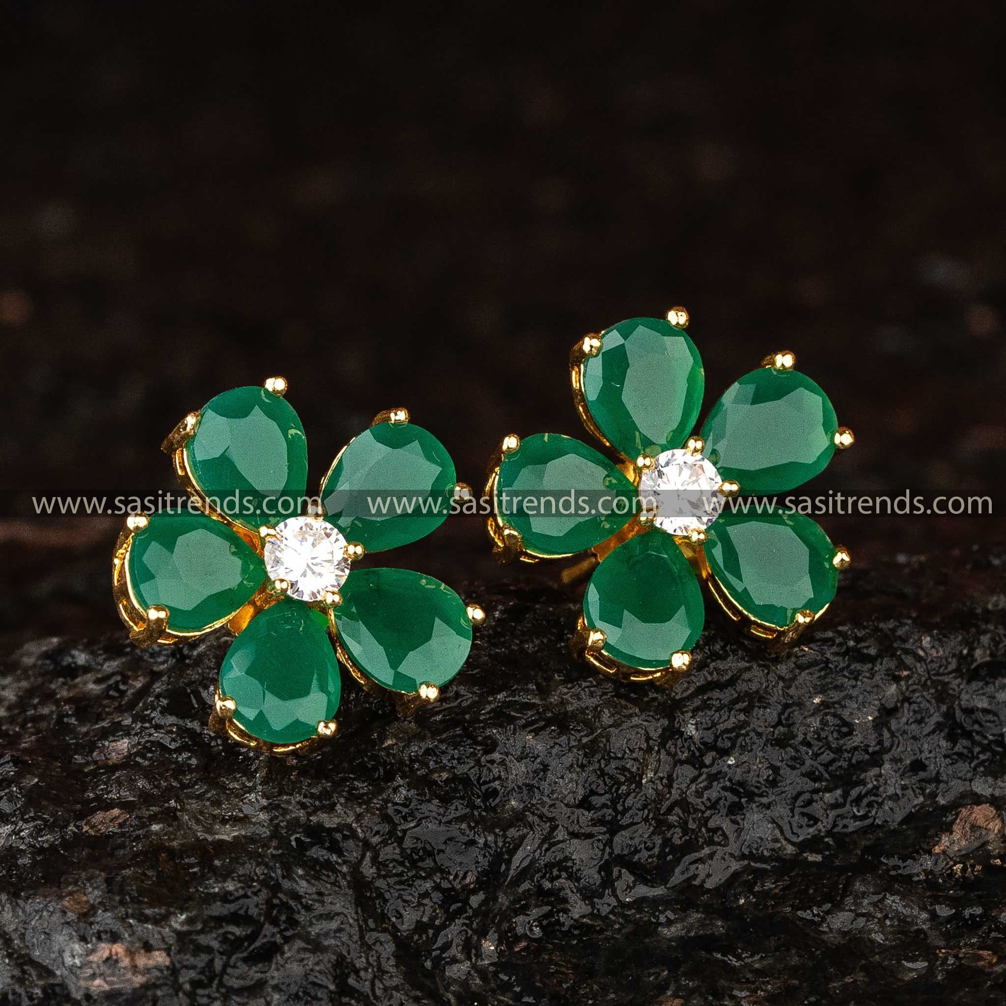 Stunning Green Flower Earrings Studded with American Diamonds