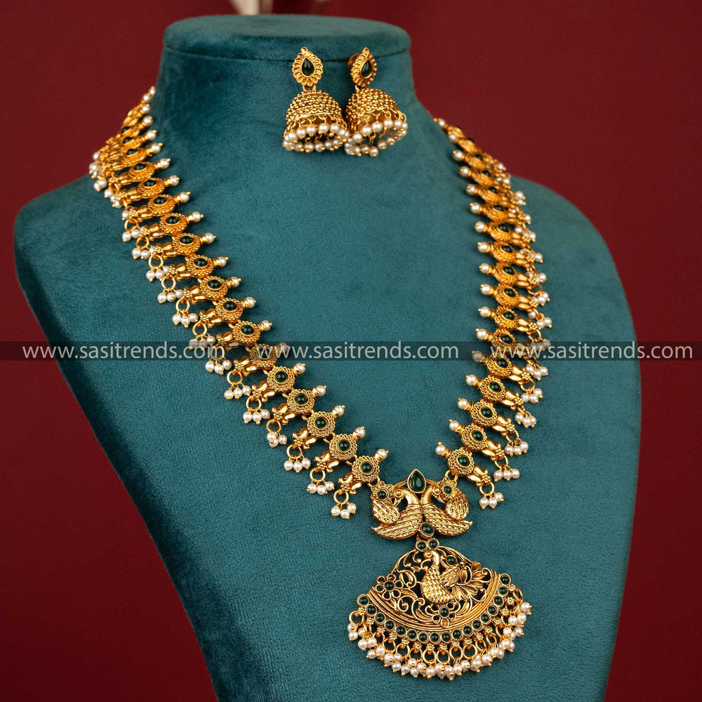 stunning-matte-gold-plated-temple-peacock-wedding-long-haram-jewellery-set-green